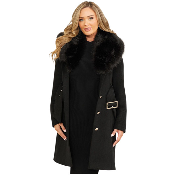 $380 NWT Marciano Loreta Women’s Wool Blend Belted Coat Size 8 Black Fur Collar - Picture 1 of 16